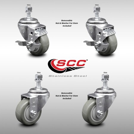 Service Caster 3 Inch SS Gray Polyurethane Swivel 12mm Threaded Stem Caster Brake SCC, 2PK SCC-SSTS20S314-PPUB-TLB-M1215-2-S-2